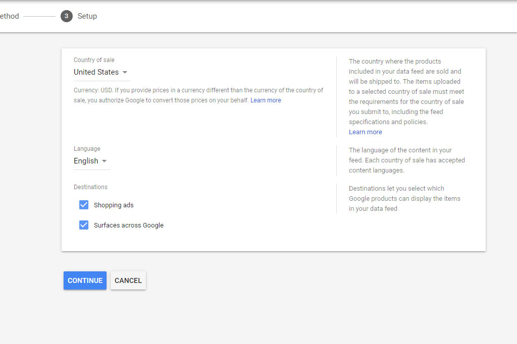 fill in basic Google shopping feed test file information