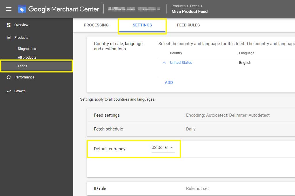 Change currency setting for your test feed