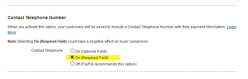 paypal contact phone setting