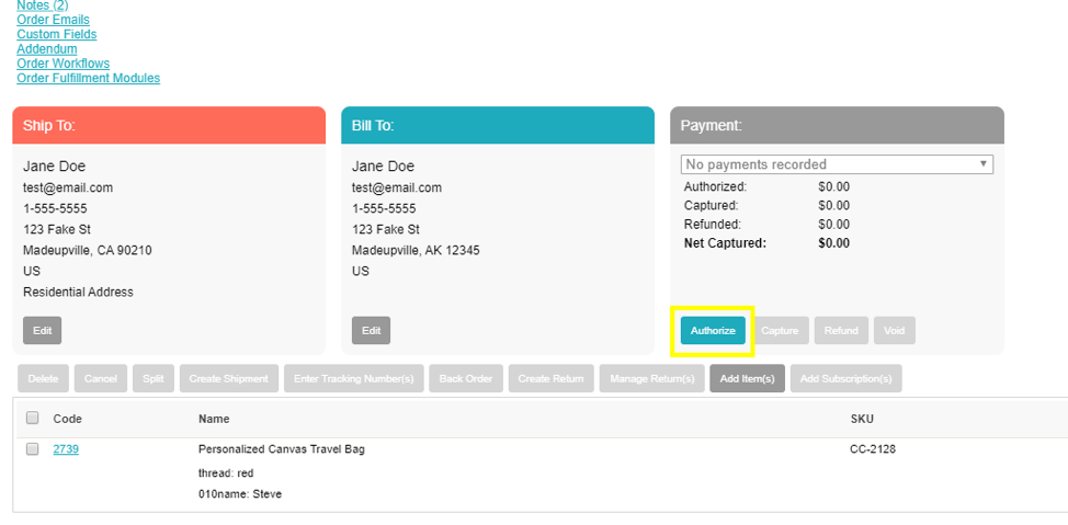 Miva Process Payment - Admin Shot