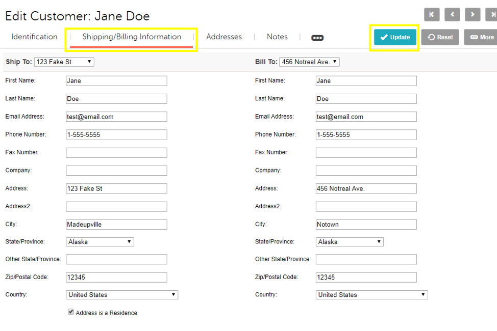 Miva Edit Customer/Shipping Billing Info - Admin shot