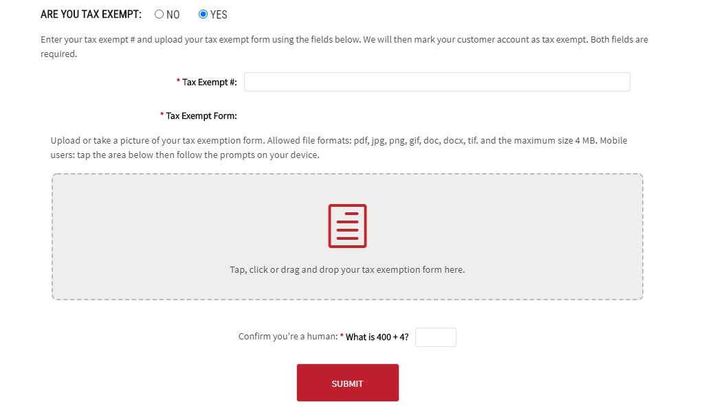 B2B Tax Exemption form