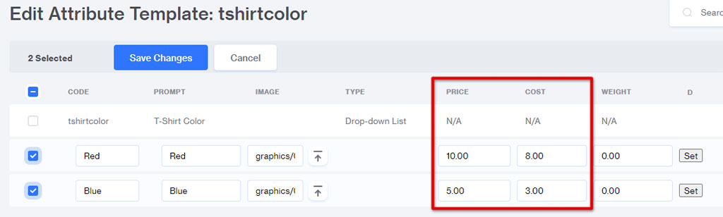 Attribute Price and Cost Miva 10