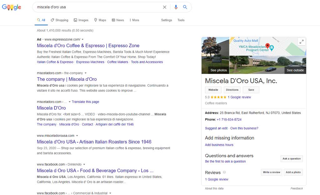 Glendale Designs Miscela d'Oro Google listing