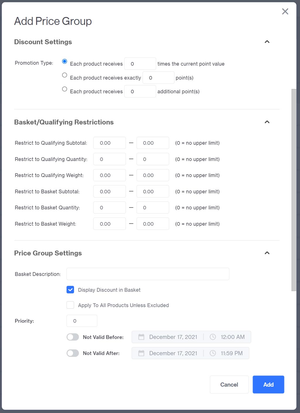 miva reward points price group