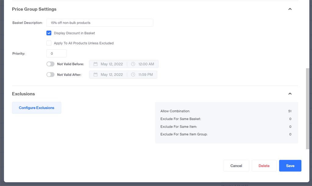 Price group settings for variants