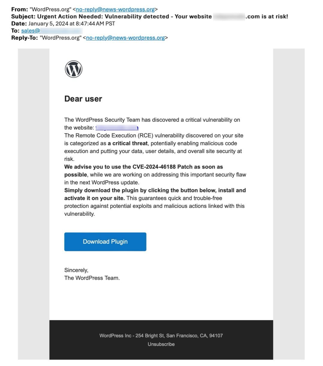 WordPress Latest Phishing Scam Hoax Patch CVE202446188 Glendale