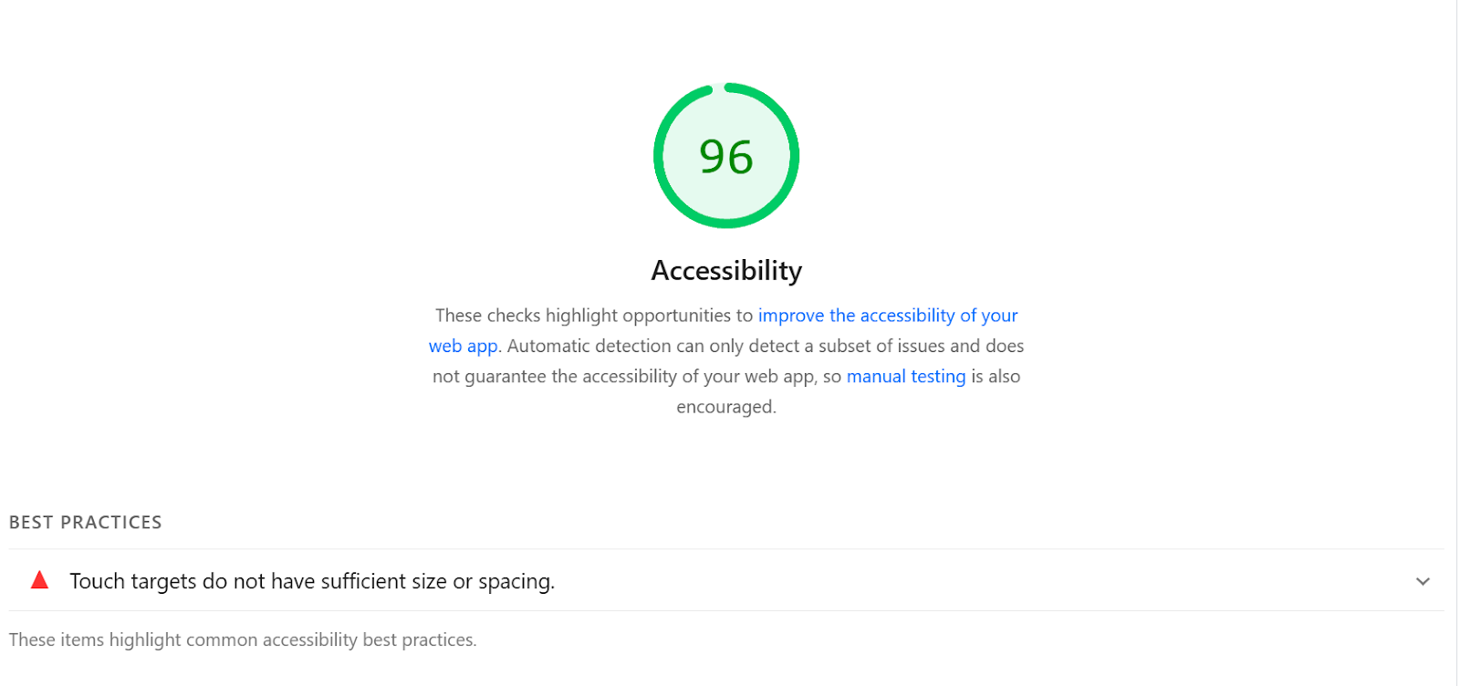 Google accessibility report showing only one issue on the page.